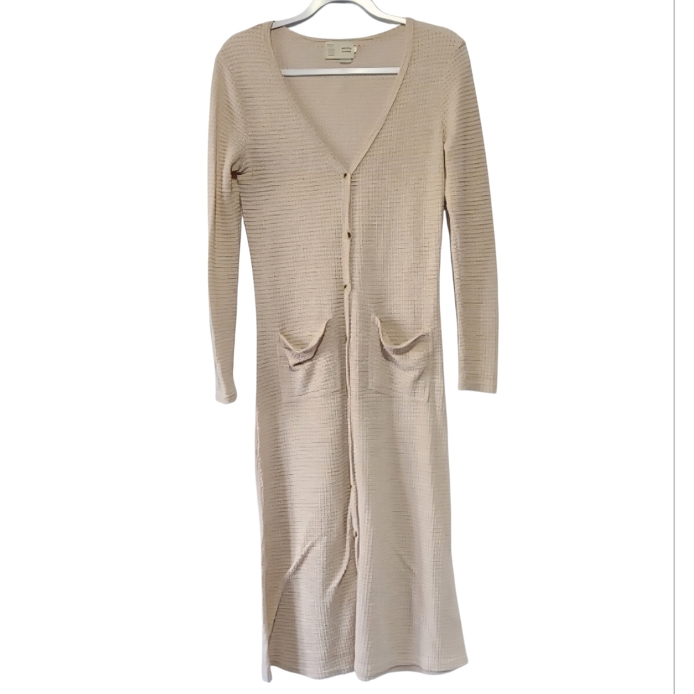 Saturday Sunday Anthro Waffle Knit Cream Button-down Duster Cardigan Sz S Casual